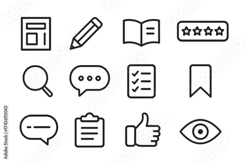 Editorial Icon Set. Editorial reviews. Line icon set of Editorial reviews: magazine, pencil, open page, star rating, magnifying glass, comment