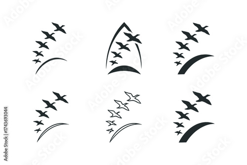Bird Migration Logos. A flock of birds migrating across the sky at sunset, silhouetted against the colorful horizon. Set Logo of migratory path: curved