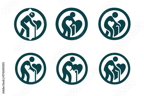 Elderly Wellness Logos. Physical wellness and mobility for the elderly. Set Logo of wellness circle: elderly figure inside circular emblem with