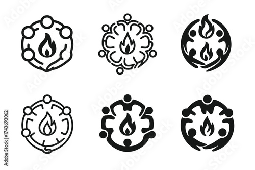 Creative Team Emblems. Collaboration in creative teams. Set Logo of unity circle: diverse figures holding hands around creative spark. harmonious