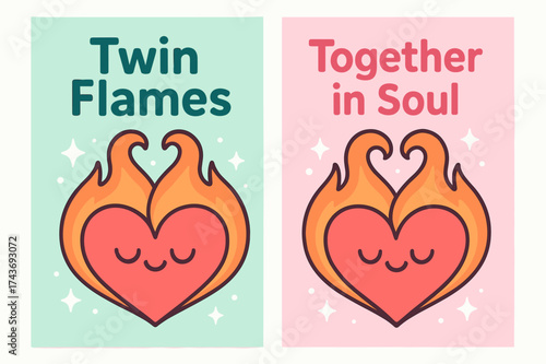 Twin Flame Banners. Twin Flames. Two vertical A6 banners, cartoon, pastel mint and pink backgrounds, two flame-shaped hearts curling into each other with