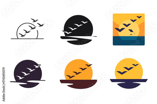 Bird Migration Logos. A flock of birds migrating across the sky at sunset, silhouetted against the colorful horizon. Set Logo of flying birds: silhouetted