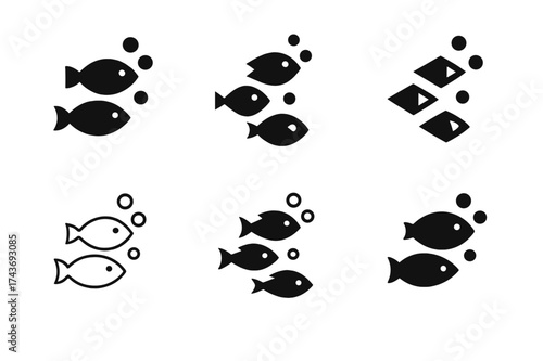 Fish Breathing Logos. Fish breathing. Set Logo of Fish breathing: School of fish with bubbles. harmonious logo variations of the same emblematic concept, each