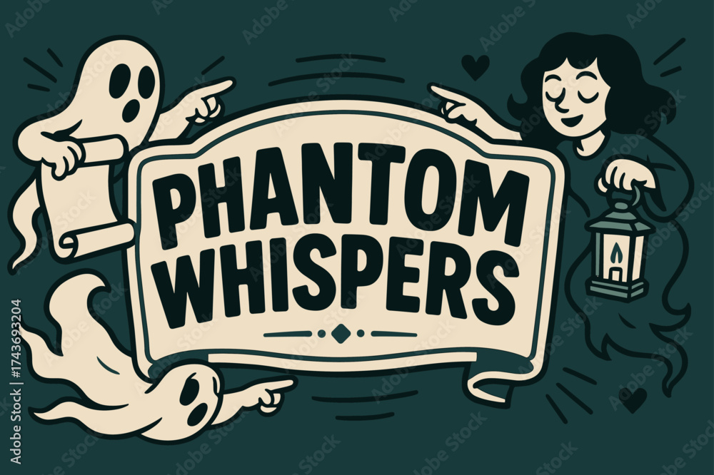 Obraz premium PhantomWhispers Banner Design. PhantomWhispers banner, flat vector illustration, bold oversized text inside sticker outline shape, cartoon characters floating