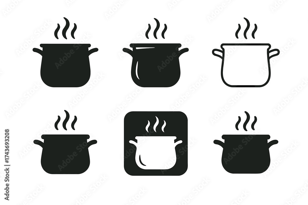 Obraz premium Skillmaster Logo Variations. Mastering new skills and hobbies. Set Logo of Mastering new skills and hobbies: Cooking pot with steam. harmonious logo variations