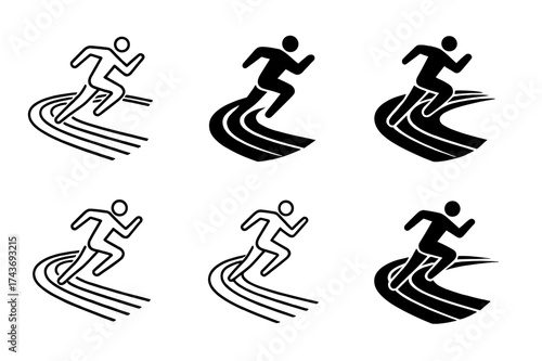 Athlete Logo Variations. High-performance training for athletes. Set Logo of sprint track: curved lanes with athlete figure. harmonious logo variations of the