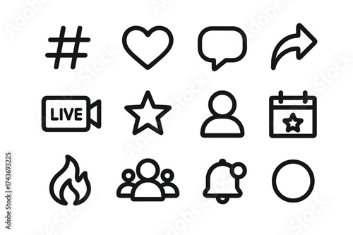 Social Media Icons. Social media creativity. Line icon set of Social media creativity: hashtag, like heart, comment bubble, share arrow, live stream camera,