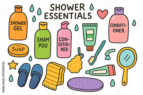 Colorful Shower Essentials. Shower Essentials. Colorful Hand-drawn doodle Children illustration shower gel, shampoo bottle, conditioner, soap bar, sponge,