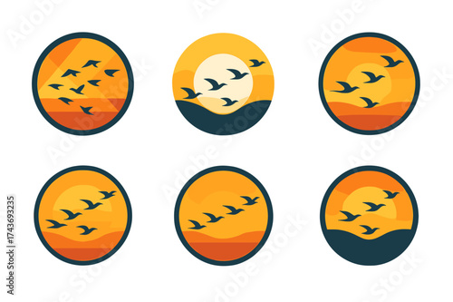 Bird Migration Logos. A flock of birds migrating across the sky at sunset, silhouetted against the colorful horizon. Set Logo of circular flight: circular
