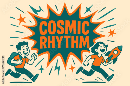 Cosmic Rhythm Splash. Cosmic Rhythm banner, flat vector illustration, bold oversized text inside splash explosion, cartoon characters running and laughing,