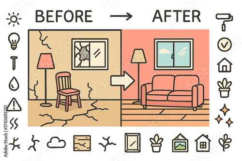 Room Transformation Illustrations. Before & After. Hand-drawn doodle illustration split view wall (colored), cracked floor, new flooring (colored), old chair,
