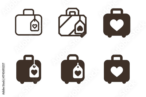 Romantic Logo Designs. Romantic getaways and vacations. Set Logo of Romantic getaways and vacations: Honeymoon suitcase with heart tag. harmonious logo