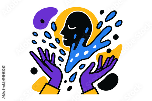 Glowing Water Splash. Water Splash. Abstract hands tossing cold water upwards onto a glowing face outline, droplets floating and glowing mid-air. Modern