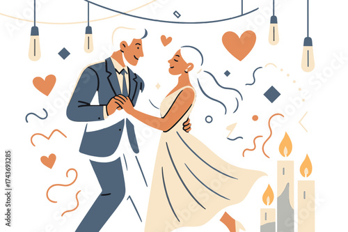Romantic Wedding Elegance. Evening wedding ambiance. Glowing candles and hanging lights casting warm light on a couple, abstract floating hearts and geometric
