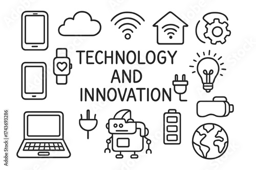 Tech Doodle Icons. Technology and innovation in everyday life. Hand-drawn doodle illustration technology and innovation in everyday life smartphone, laptop,