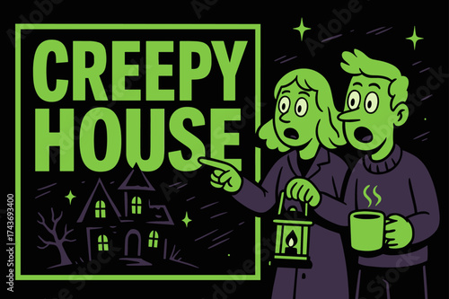 Creepy House Adventure. Creepy House banner, flat vector illustration, bold oversized text inside rectangular frame, cartoon characters standing and pointing,