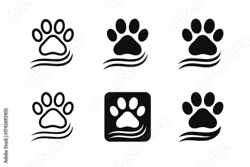 Robot Vacuum Logos. Robot vacuums. Set Logo of Robot vacuums: Pet-hair pickup (paw + sweep). harmonious logo variations of the same emblematic concept, each