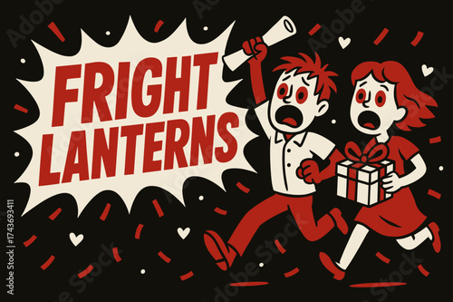 Fright Lanterns Design. Fright Lanterns banner, flat vector illustration, bold oversized text inside comic burst, cartoon characters running and shouting,