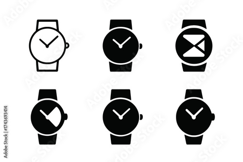 Elegant Watch Logos. Luxury accessories for men and women. Set Logo of wristwatch: elegant timepiece symbol. harmonious logo variations of the same emblematic