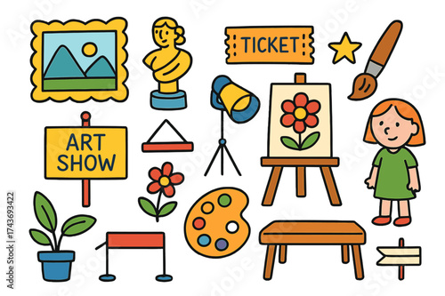 Colorful Art Exhibition Icons. Exhibition. Colorful Hand-drawn doodle Children illustration picture frame, sculpture, easel, spotlight, ticket, canvas,