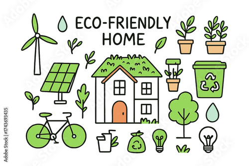 Eco-Friendly Doodle. Eco-Friendly Home. Hand-drawn doodle illustration house (colored), solar panels, wind turbine (colored), green roof, potted plants