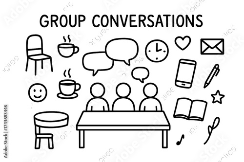 Group Chat Icons. Group Conversations. Hand-drawn doodle illustration Group Conversations people icons, chat bubbles, coffee cup, tea cup, table, chair, book,