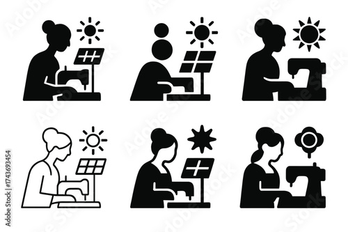 Rural Women Logos. Women entrepreneurs in rural areas. Set Logo of Women entrepreneurs in rural areas: Solar-powered workshop. harmonious logo variations of