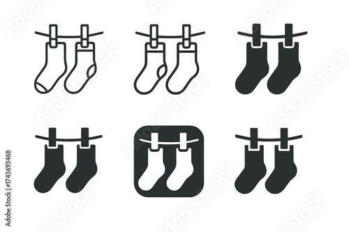 Laundry Logo Variations. Hanging up clothes immediately after laundry. Set Logo of Hanging up clothes immediately after laundry: Socks on