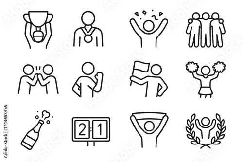 Athlete Celebration Icons. Athletes celebration. Line icon set of athletes celebration: trophy, medal, confetti, team huddle, high-five, fist pump, waving