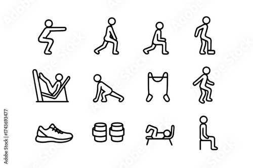 Leg Workout Icons. Leg Workouts. Line icon set of Leg Workouts: squats, lunges, step-ups, calf raises, leg press, hamstring stretch, resistance band, jump
