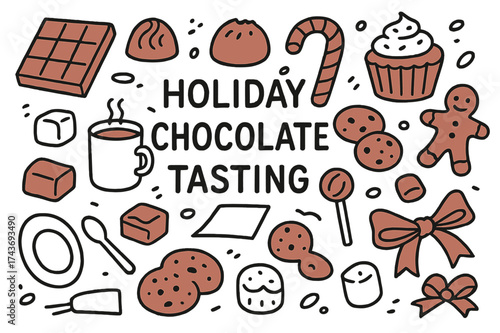Holiday Chocolate Doodle. Holiday Chocolate Tasting. Hand-drawn doodle illustration holiday chocolate and sweet treat tasting chocolate bar (accented), truffle