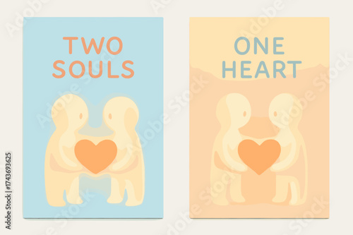 Soulmates in Pastel. Soulmates. Two vertical A6 banners with safe margins, centered composition, no elements touching edges, pastel style, sky blue and peach,