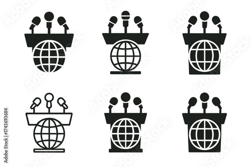 Diverse Journalism Logos. International journalism. Set Logo of International journalism: Press conference podium with multiple microphones. harmonious logo