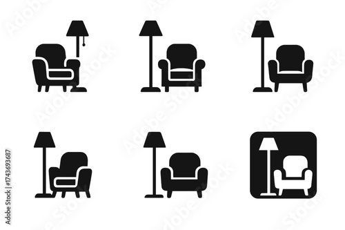 Logo Variations Grid. Setting up a reading nook with comfortable seating. Set Logo of lamp and chair: reading chair under floor lamp. harmonious logo