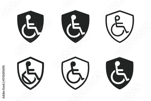 Elderly Mobility Logos. Physical wellness and mobility for the elderly. Set Logo of wheelchair support: simplified wheelchair icon with protective element.