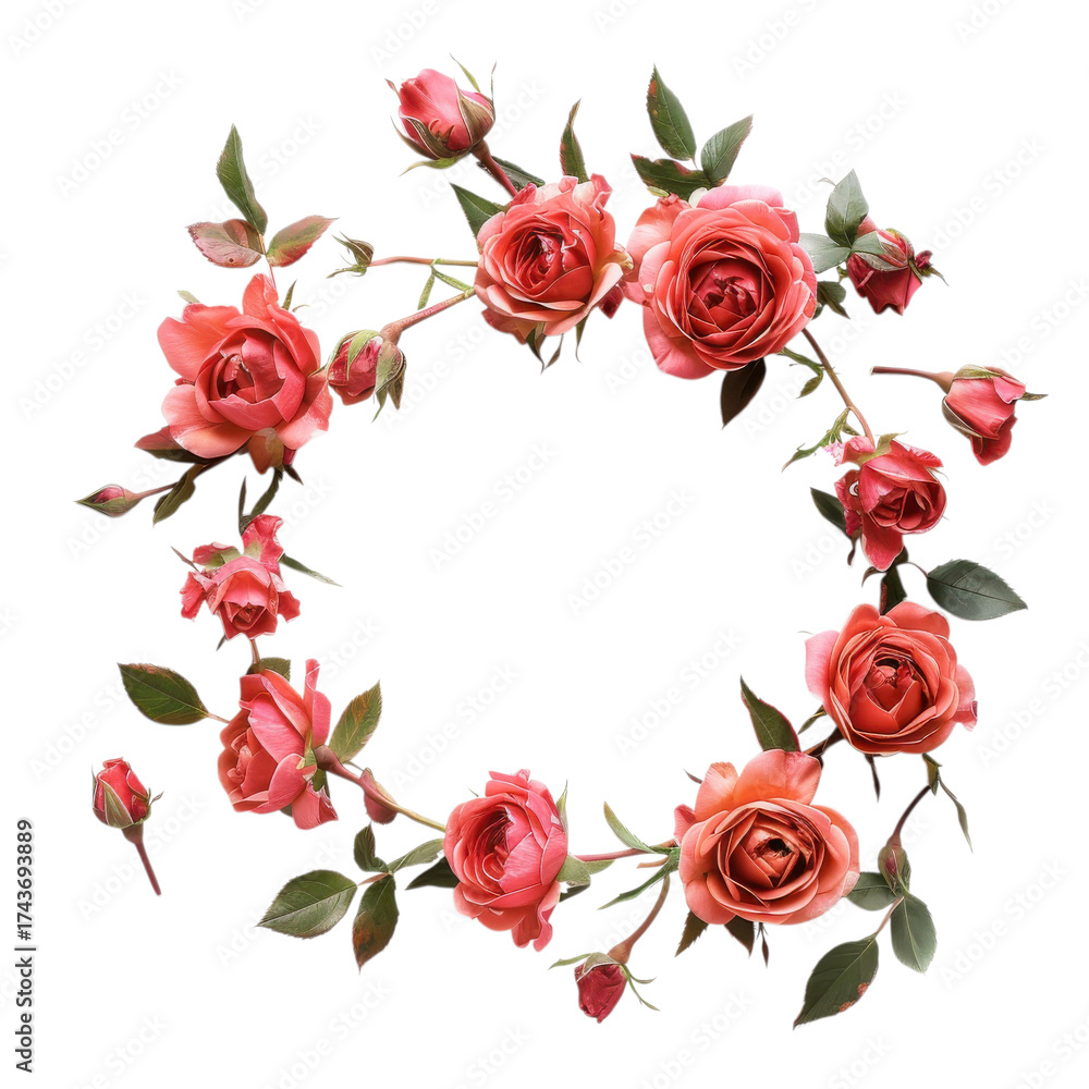 Naklejka premium Beautiful coral roses arranged in a circular pattern with green leaves on a white background