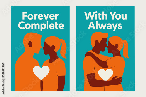 Eternal Love Banners. Forever Complete. Two vertical A6 banners with safe margins, centered composition, no elements touching edges, flat vector design,
