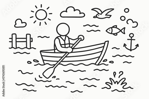 Rowboat Doodle Icons. Rowing a boat. Hand-drawn doodle illustration rowing a boat rowboat, paddle oar, person rowing, waves, ripples, life vest, anchor,