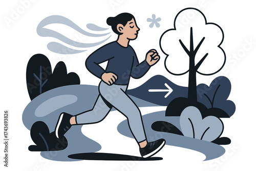 Mindful Jogging Art. Mindful running. Person jogging slowly with glowing breath waves floating outward. Abstract calm shapes blending with the path and trees.
