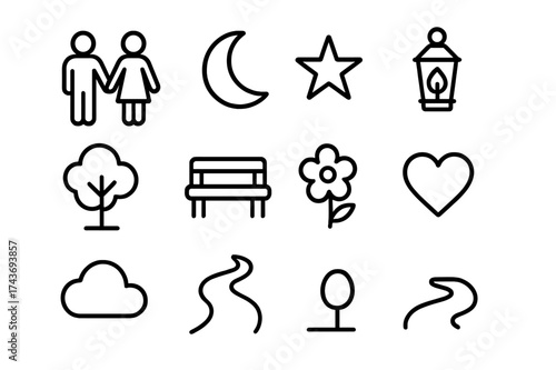 Evening Walk Icons. Evening walk. Line icon set of evening walk: couple holding hands, moon, star, lantern, tree, bench, flower, heart, cloud, walking path.
