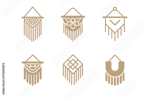 DIY Macrame Logo Variations. Home decor on a budget. Set Logo of Home decor on a budget: DIY macrame wall hanging. harmonious logo variations of the same