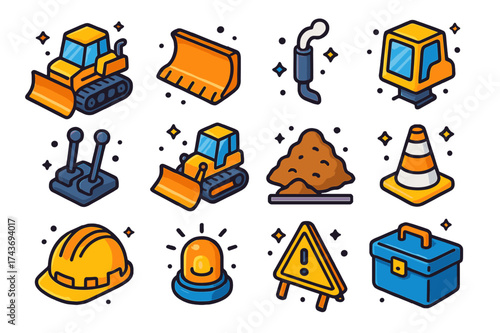 Colorful Bulldozer Icons. Bulldozer. Colorful isometric vector icons set of bulldozer: crawler tracks, large blade, exhaust pipe, operator cabin, control