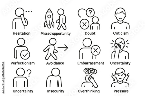 Failure Icon Set. Fear of Failure. Line icon set of Fear of Failure: hesitation, missed opportunity, doubt, criticism, perfectionism, avoidance, rejection,