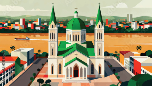 Brazzaville Illustration Of Saint Anne's Basilica With Green Roof And Congo River In The Background Vector Design Template