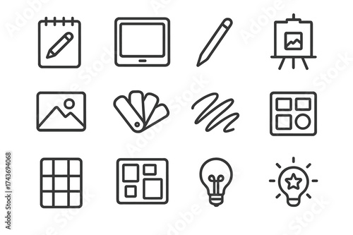 Digital Art Icons. Digital art inspiration. Line icon set of Digital art inspiration: sketchbook, tablet, stylus, artboard, reference image, color palette,