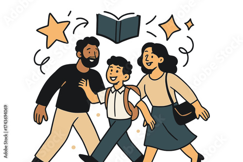 Parents at School Event. School support. Parents glowing while attending child?s school event together. Floating icons of star, book, and sparkle showing