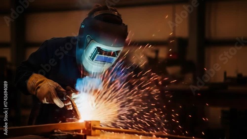 professional welder working in industrial workshop with sparks