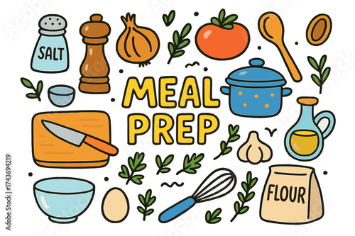 Colorful Meal Prep Doodles. Meal prep. Colorful Hand-drawn doodle Children illustration Meal prep salt shaker, pepper grinder, onion, tomato, garlic, cutting