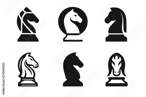 Strategic Chess Knight Logos. Negotiation techniques. Set Logo of chess piece: strategic negotiation symbolized by chess knight. harmonious logo variations of