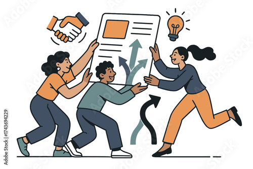 Unified Teamwork Illustration. Collaboration. Team lifting glowing project board together, arrows merging into one path. Floating handshake and light icons
